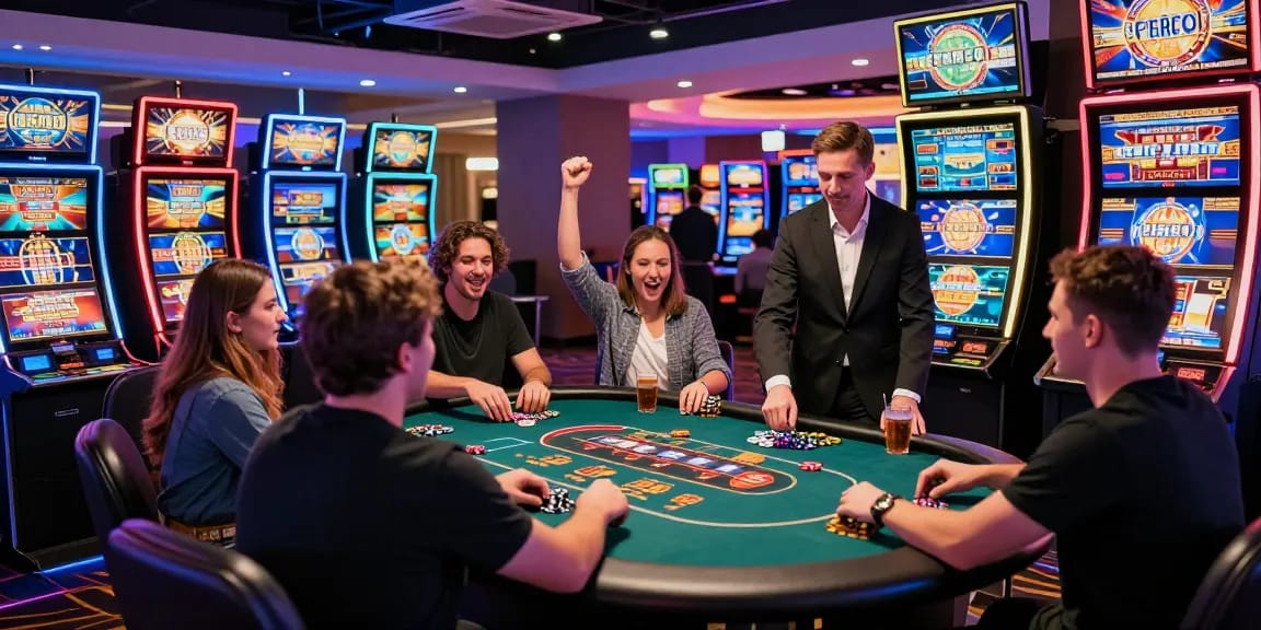 FAFA828 players enjoying vibrant casino games, showcasing excitement and modern gaming atmosphere.