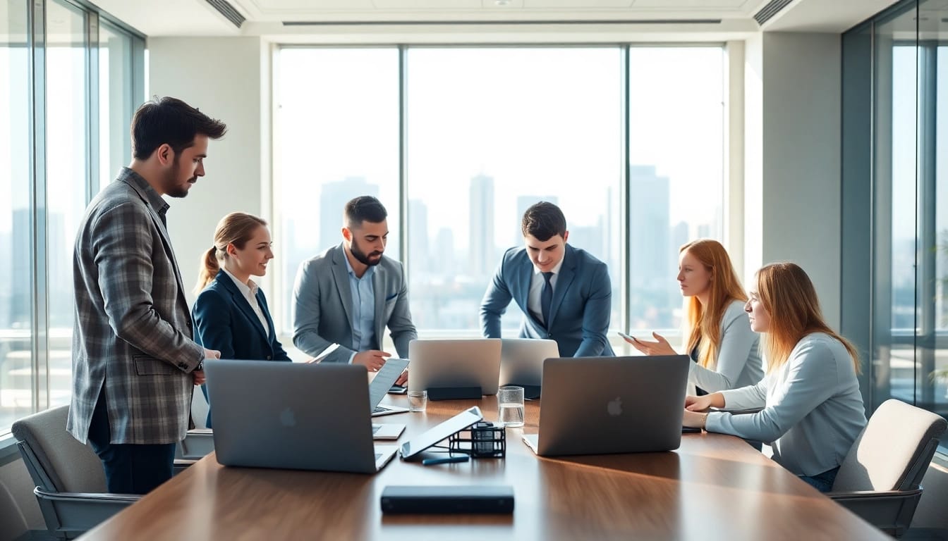 Effiziente IT Consulting-Strategien werden in einem modernen Buero entwickelt, waehrend Fachleute zusammenarbeiten.