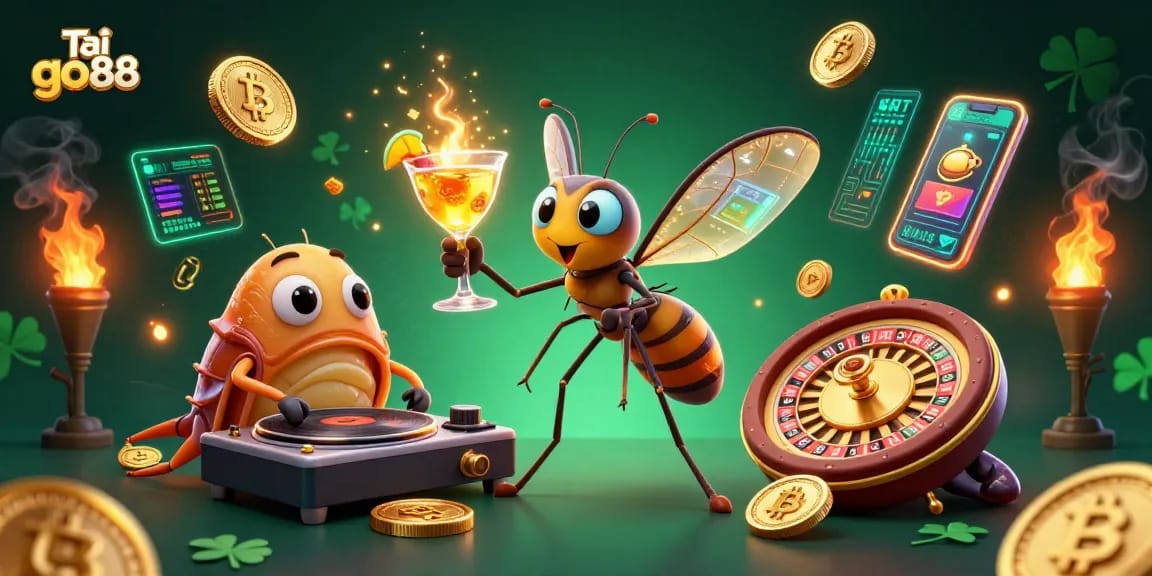 Experience Tải go88 with a vibrant casino scene featuring unique characters like a frozen mosquito mascot and a trilobite DJ.