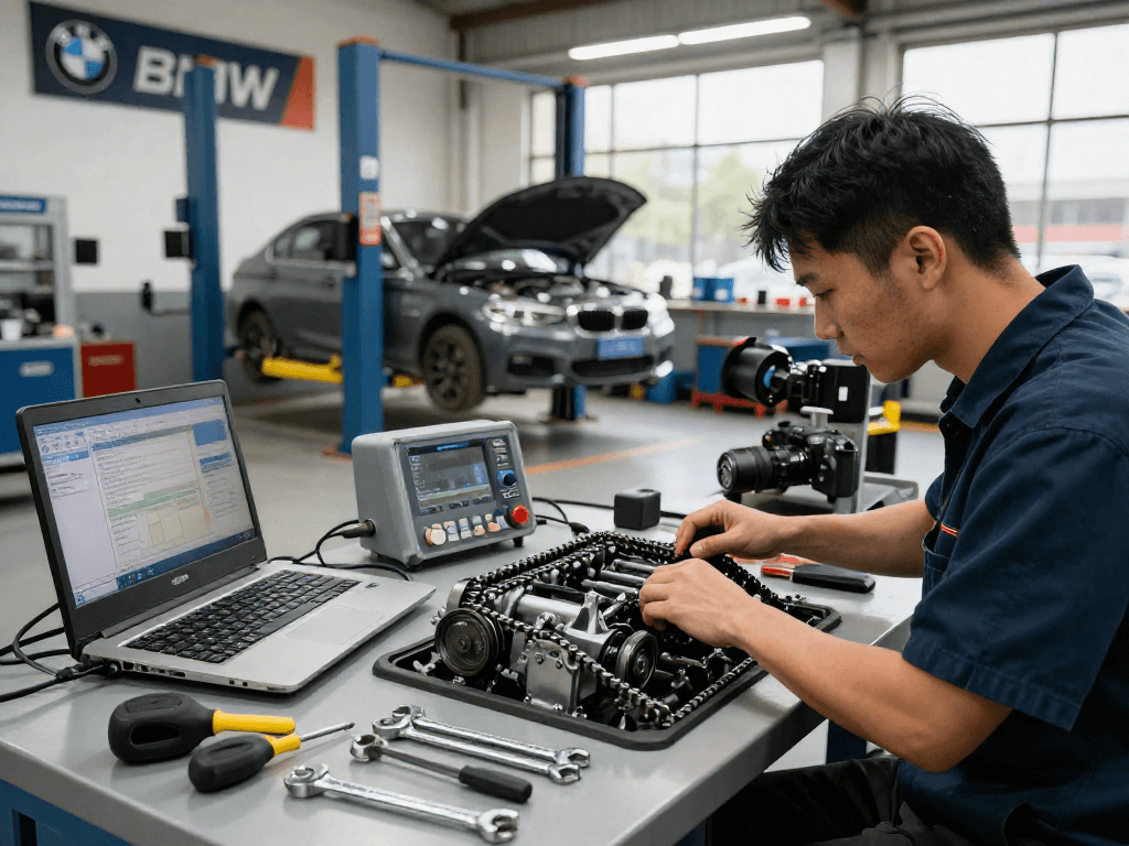 Mechaniker bei der Untersuchung der BMW Steuerkette wechseln in einer professionellen Werkstatt.