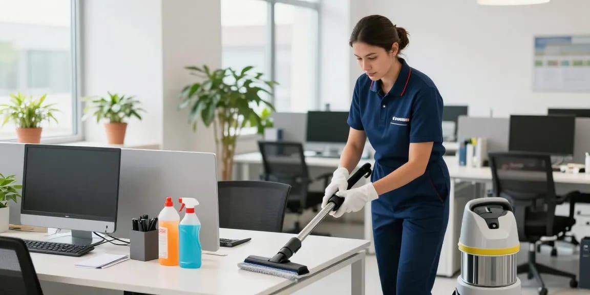 Professioneller Reinigungskraft, die Unterhaltsreinigung Solothurn Dienstleistungen in einem makellosen Büro anbietet