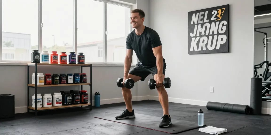 Aktiver Sportler im Astera Shop beim Gewichtstraining mit Fitnesszubehör in heller Umgebung.