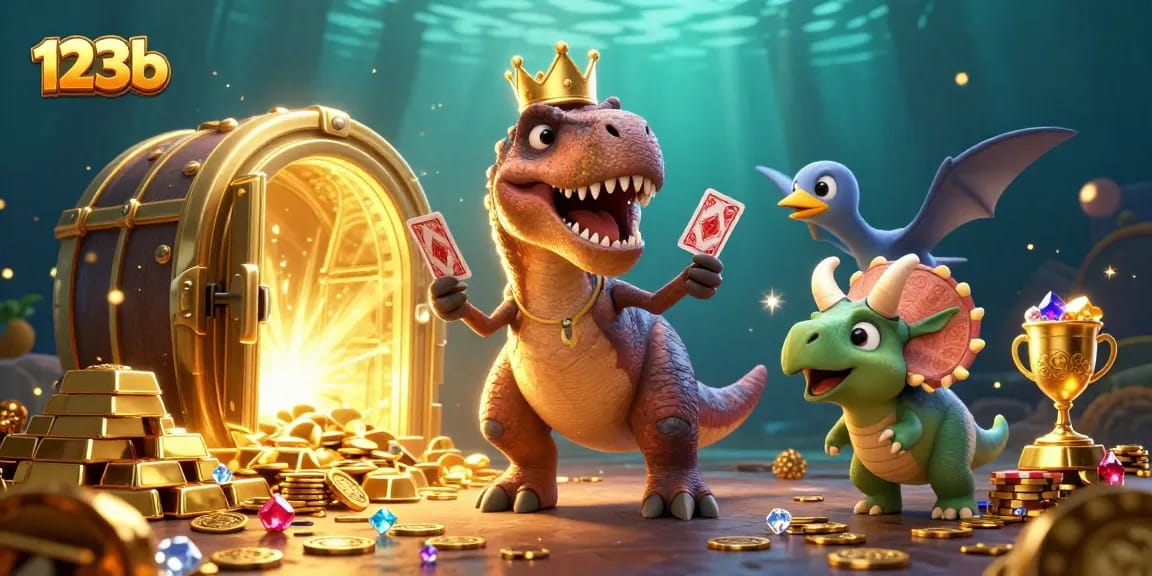 Engage in thrilling gameplay at 123b with colorful characters amidst treasure and casino elements.
