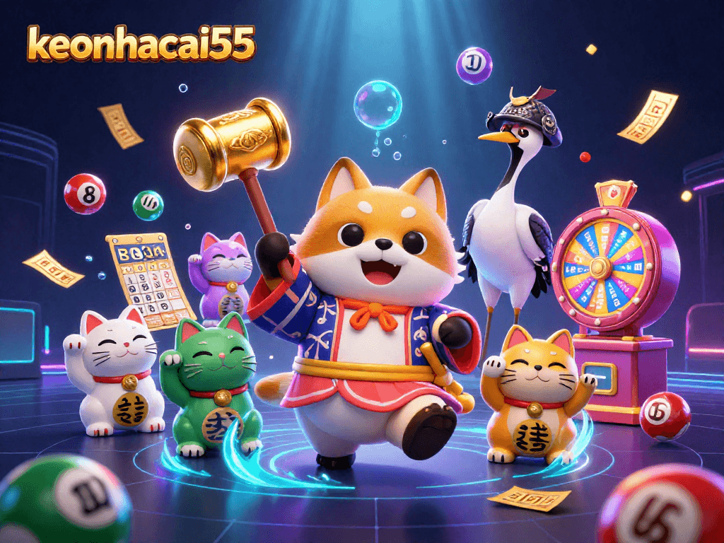 Engage with keonhacai55 as the cheerful tanuki holds a lucky mallet amidst vibrant lottery elements.