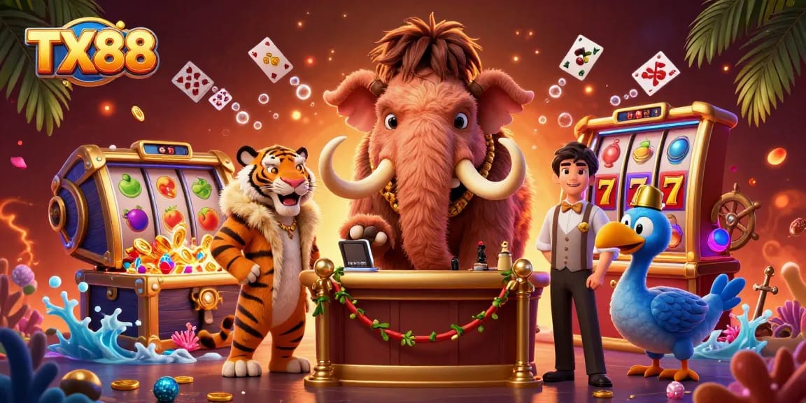 Witness the TX88 casino scene with a mammoth bouncer, saber-tooth guest, and rich slot game elements.
