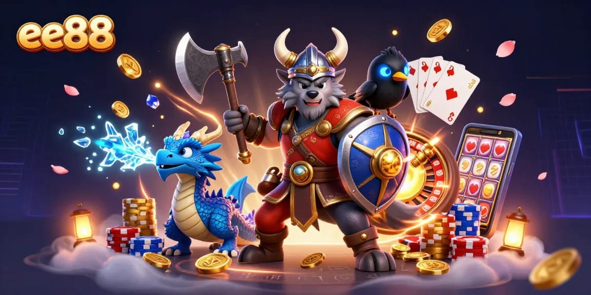 Experience the thrilling ee88 gameplay with Viking warriors, dragons, and casino elements in a fantastical 3D scene.
