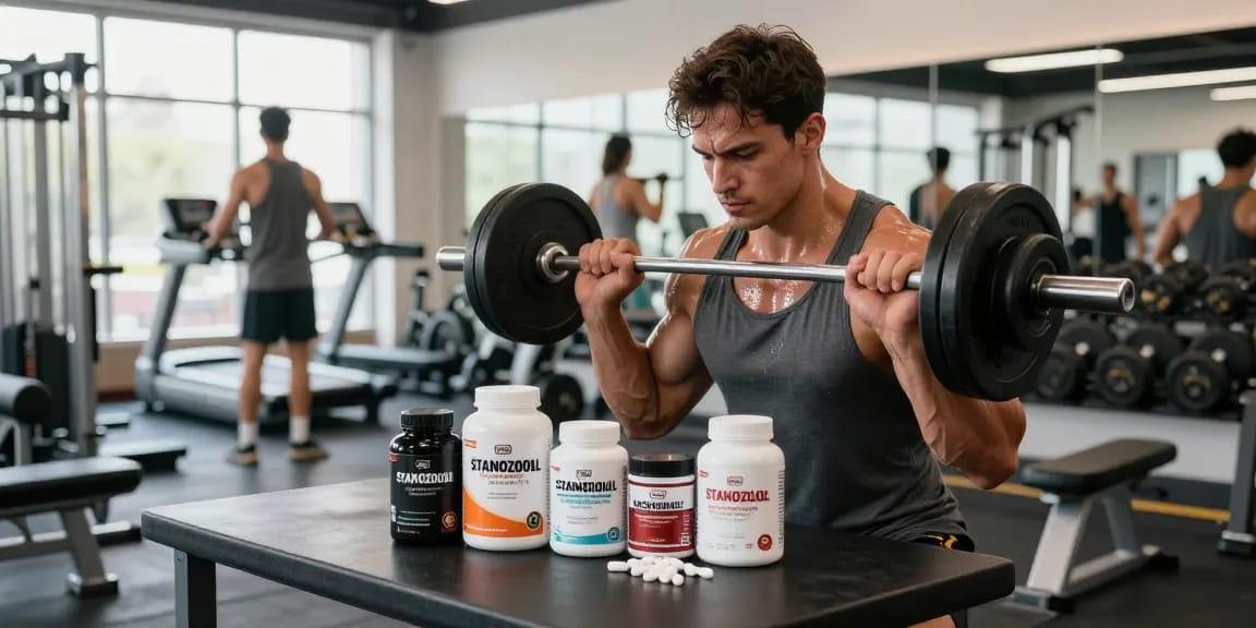 Energetic fitness scene showcasing a muscular man lifting weights with anabolic steroids visible, emphasizing the Anabolika Shop.