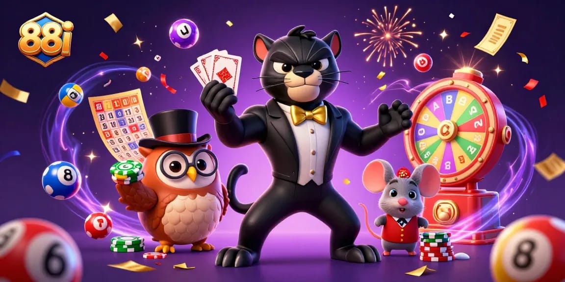 88i showcases a lively 3D casino scene with a panther dealer and festive elements.
