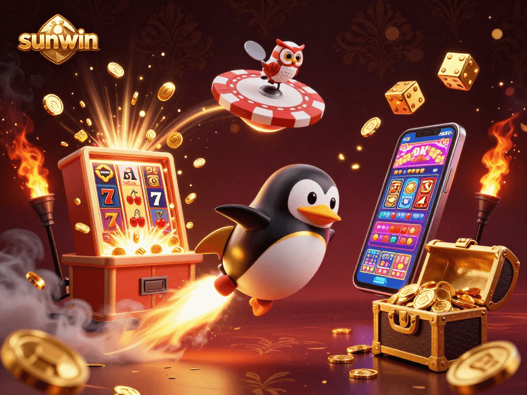 Take a thrilling journey with sunwin as a golden penguin launches into space towards a vibrant casino.