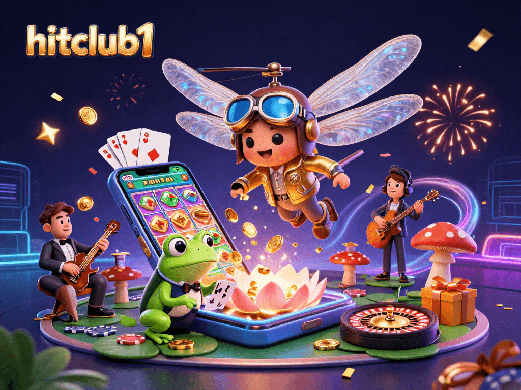 hitclub1 engages players with a vibrant lily pad casino scene featuring a frog dealer and dragonfly pilot in 3D illustration.