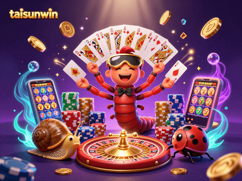 Engage with taisunwin's thrilling 3D casino illustration featuring vibrant characters and dynamic game elements.