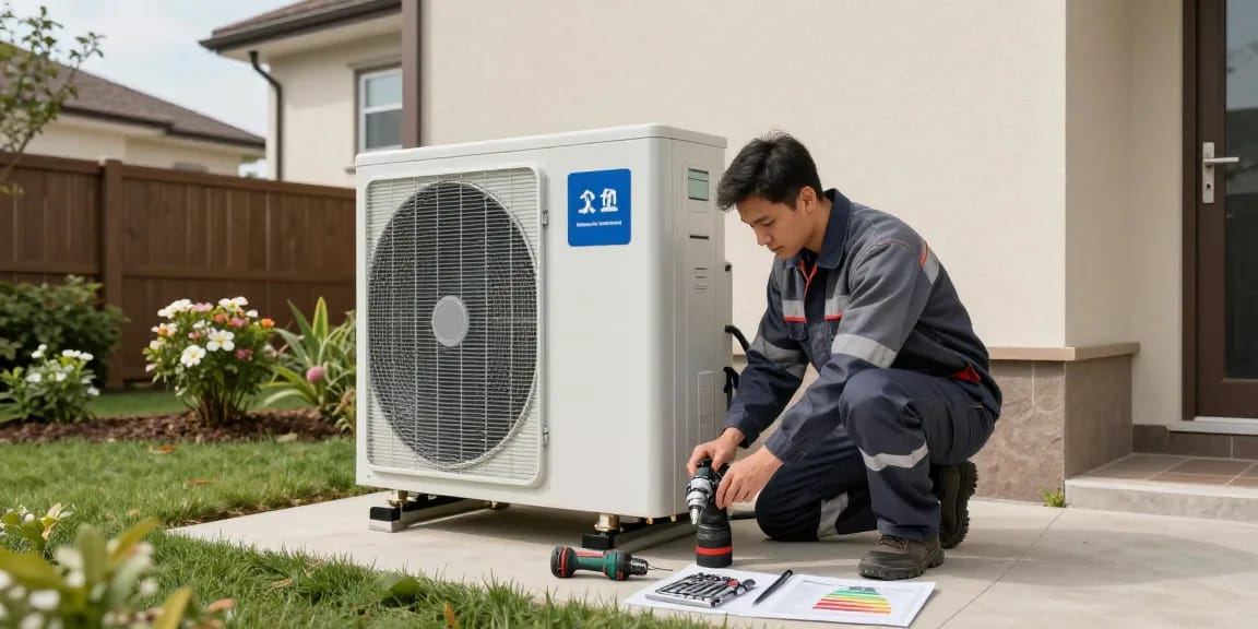 wärmepumpe kaufen installation of a heat pump by a technician in a well-maintained backyard.
