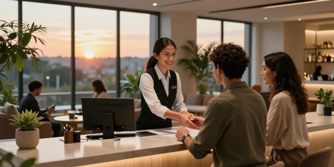 Experience the welcoming ambiance at https://www.carterhotel.com with modern reception and stunning sunset views.