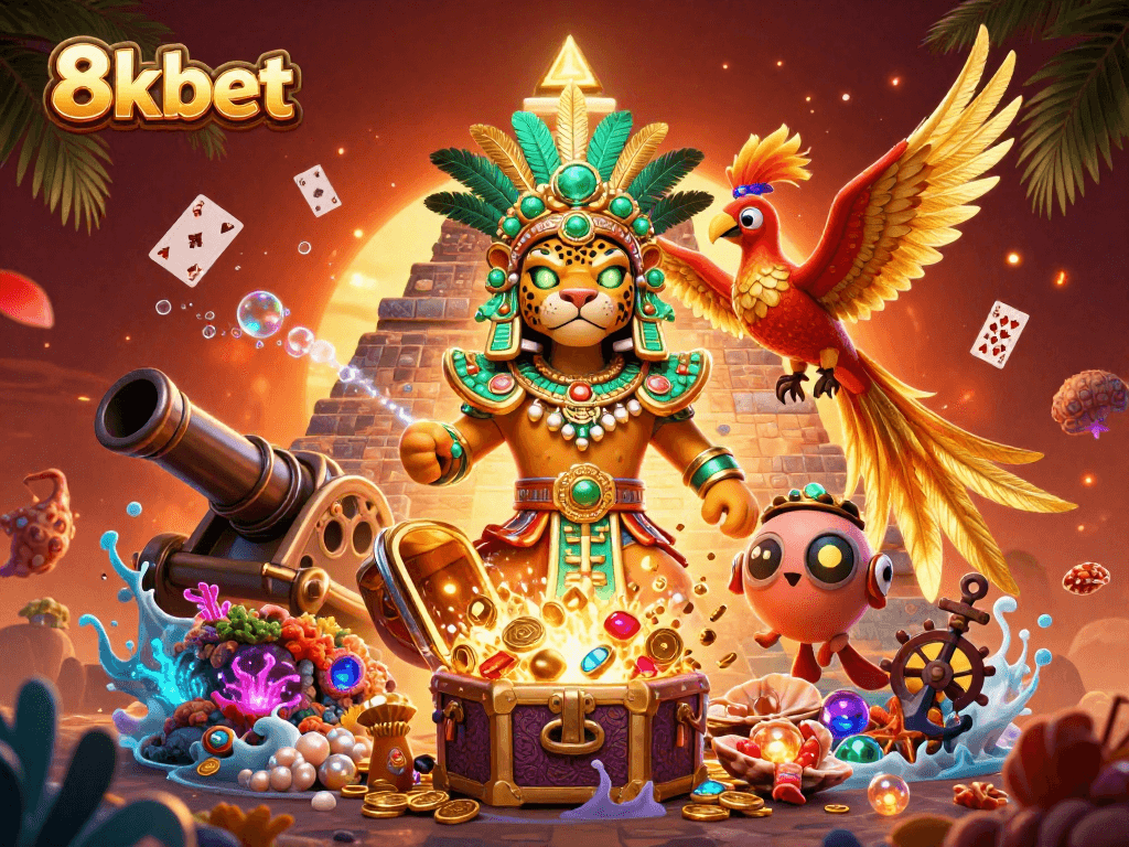 Experience the vibrant action at 8xbet with a dynamic illustration showcasing excitement and treasure!