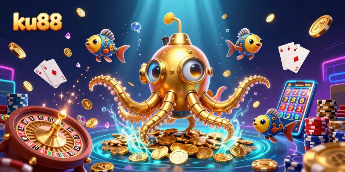 Experience thrilling fun at ku88 with a playful kraken submarine in a vibrant casino world