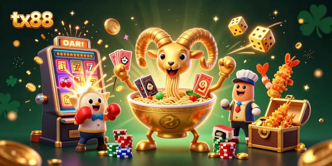 Engage with tx88's vibrant casino scene featuring a giant ramen bowl dealer and lively game elements.