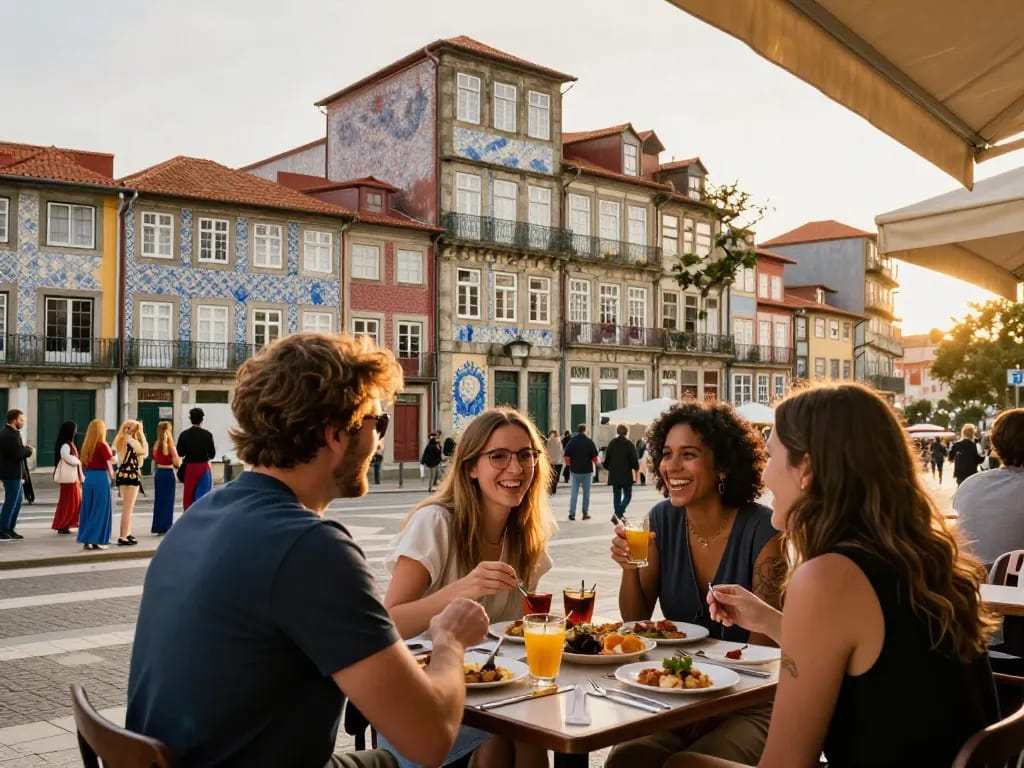 Reisetipps Porto: Reisender genießt lokale Küche in den lebhaften Straßen von Porto und fängt die Kultur der Stadt ein.
