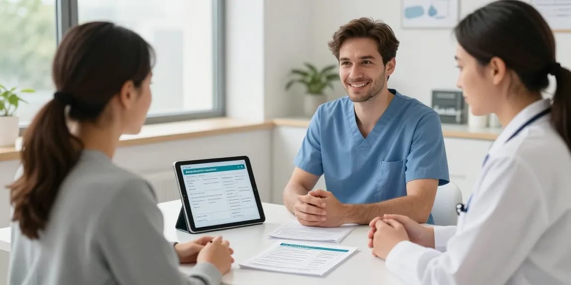 Patient und Arzt besprechen Abnehmspritze Rezept online in moderner Klinik.