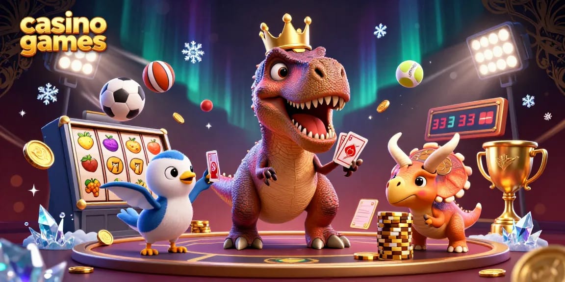 Engage with dynamic casino games, featuring characters in a vibrant and illustrative scene.