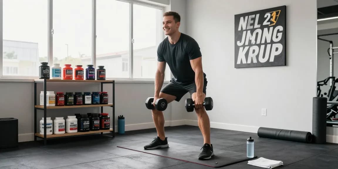 Aktiver Sportler im Astera Shop beim Gewichtstraining mit Fitnesszubehör in heller Umgebung.