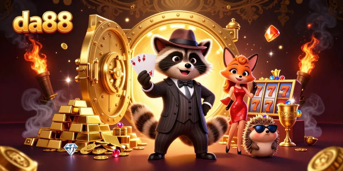 Experience da88 excitement with a charming raccoon and fox in a dazzling casino scene.