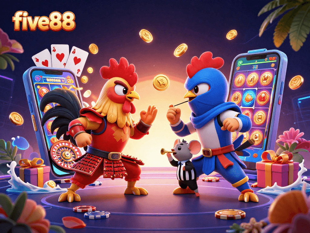 Witness the thrilling face-off of samurai and ninja roosters in the lively five88 casino world, showcasing vibrant gaming elements.