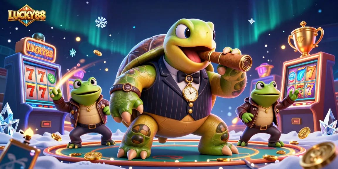 LUCKY88 jackpot celebration with a snapping turtle in a vintage mobster suit and energetic casino vibes.