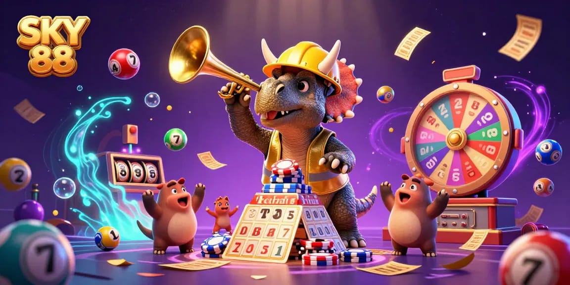 Engage with SKY 88 lively 3D scene of a triceratops and its friends celebrating with lottery balls, tickets, and casino thrills.