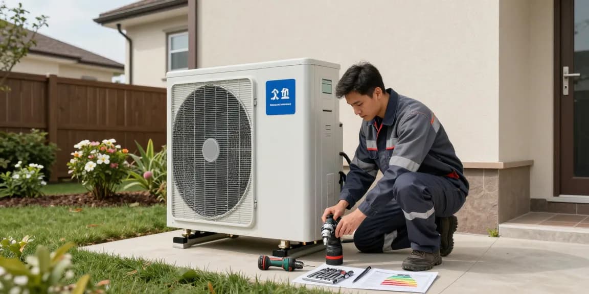 wärmepumpe kaufen installation of a heat pump by a technician in a well-maintained backyard.