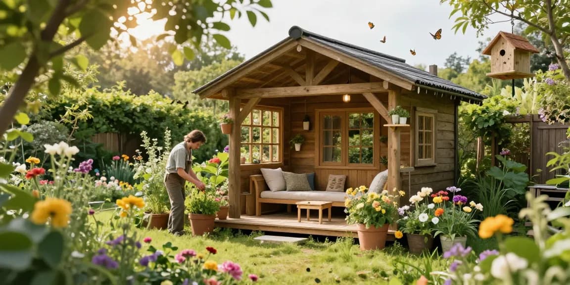 Wunderschönes Gartenhaus umgeben von blühenden Pflanzen und gemütlicher Sitzecke.