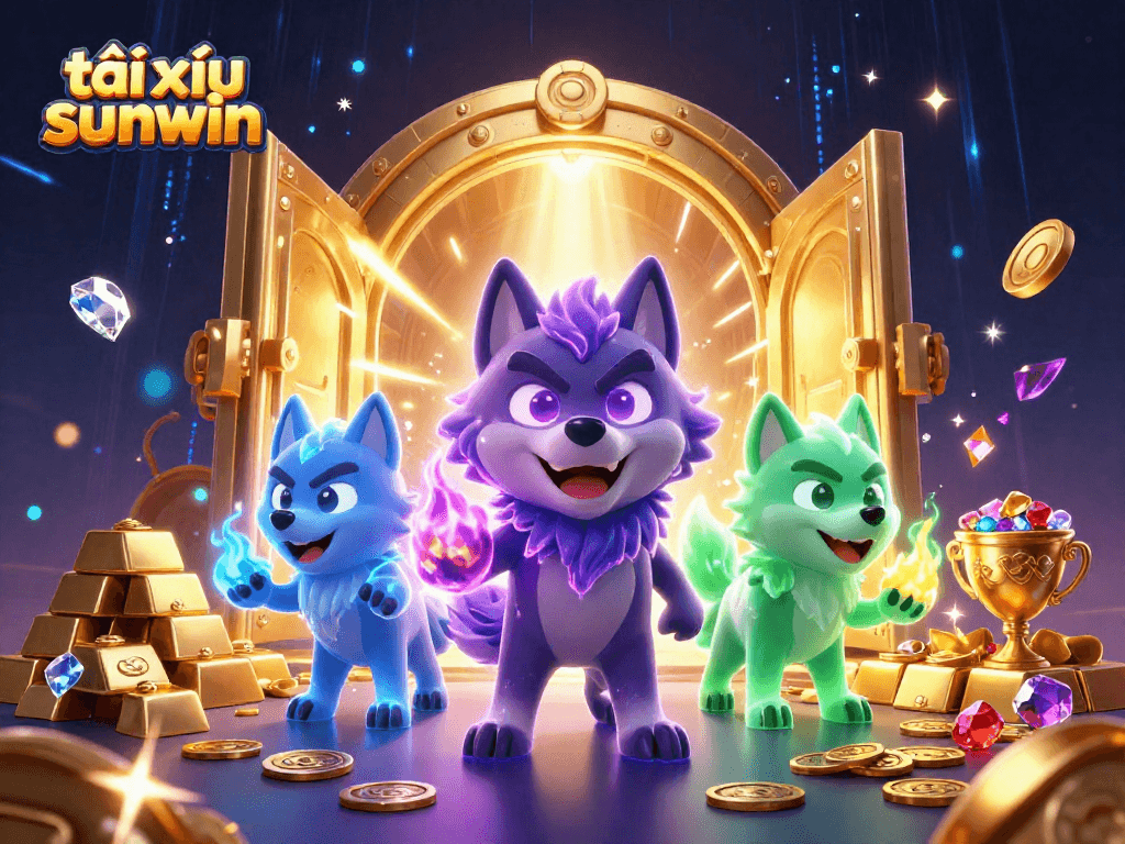 Experience the excitement of tài xỉu sunwin with a thrilling scene of treasure and animated wolf spirits.