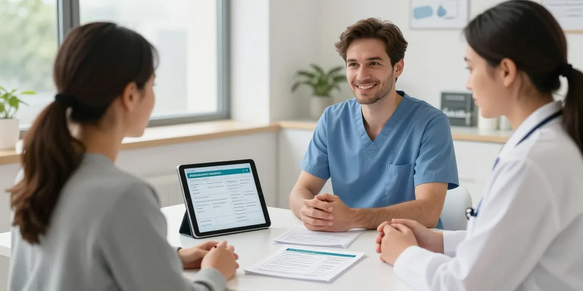Patient und Arzt besprechen Abnehmspritze Rezept online in moderner Klinik.