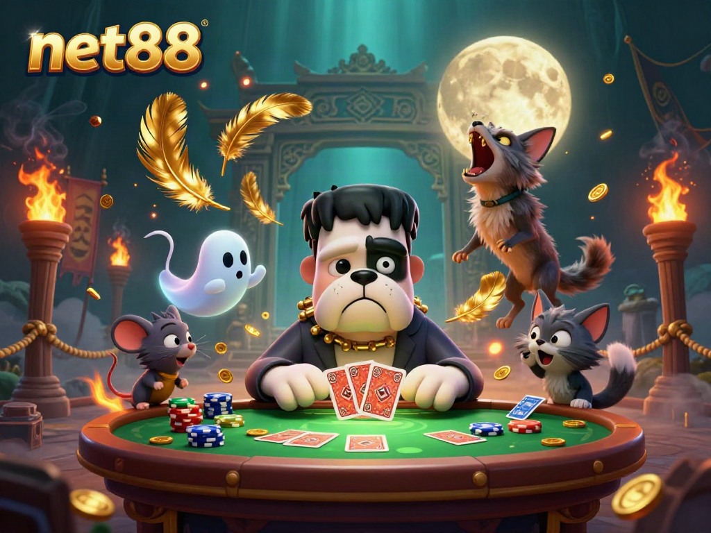 Engaging net88 casino scene with cartoon characters, cards, and dynamic gambling elements.