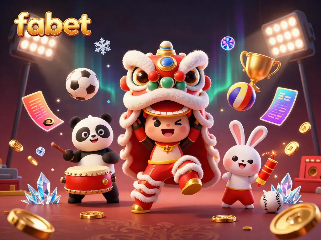 Engage with fabet's vibrant casino experience showcasing dynamic gaming elements and festive characters.