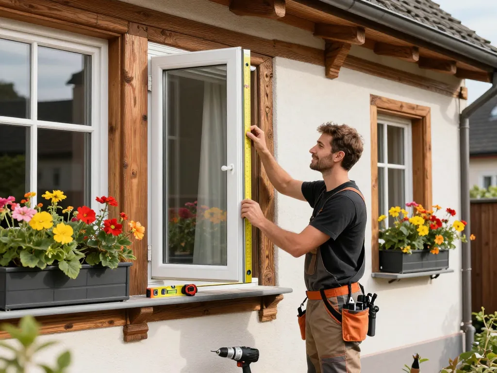 Professionelle Fensterinstallation in Köln, die das Fensterbau-Know-how mit einem Installateur zeigt, der ein neues energieeffizientes Fenster misst.