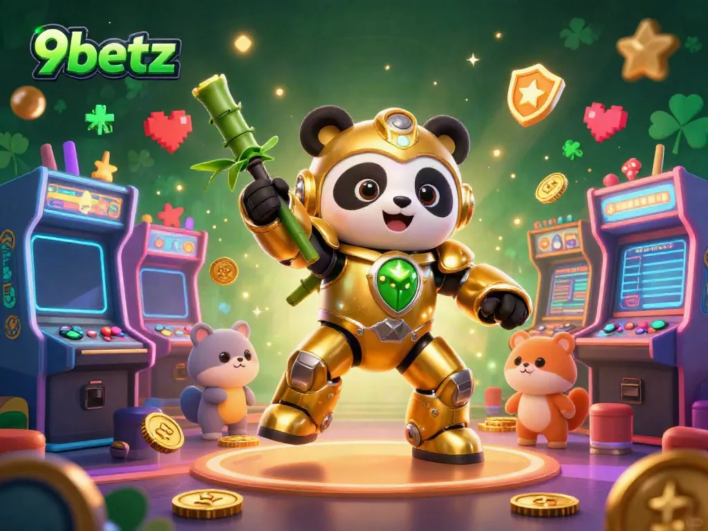 Experience the excitement of 9betz with a vibrant casino arena featuring a golden panda in a mech-suit battling while surrounded by cheering animals.