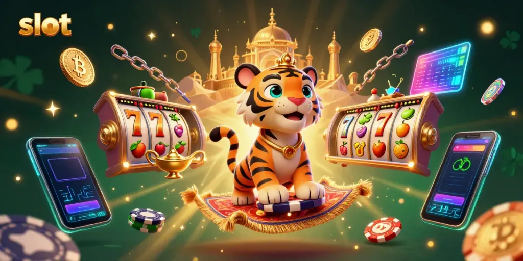 Experience thrilling slot games with a vibrant 3D illustration featuring a tiger sultan, riches, and jackpots.