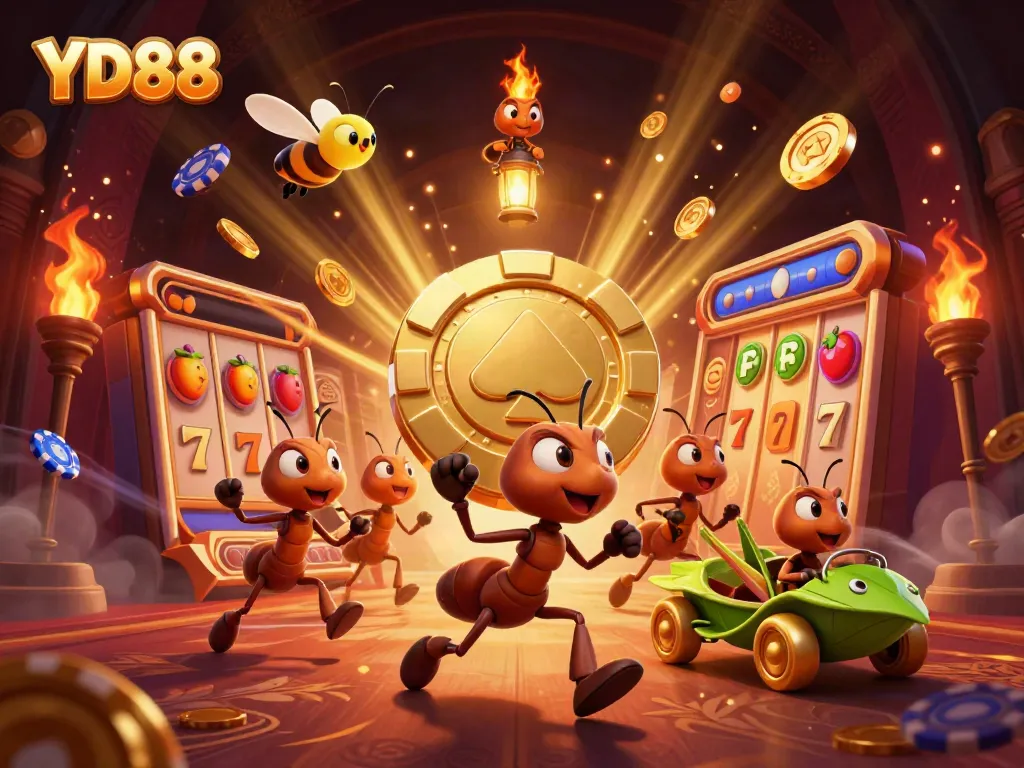 Experience the thrill of YD88 with an animated scene of whimsical ants on a high-stakes casino heist.