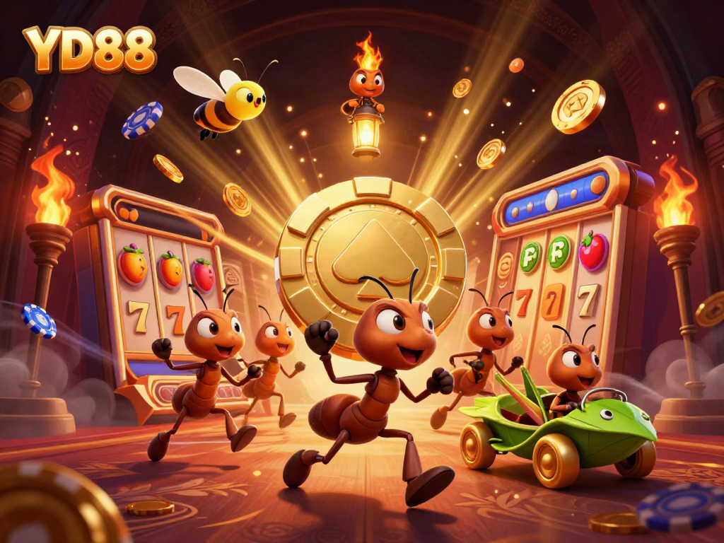 Experience the thrill of YD88 with an animated scene of whimsical ants on a high-stakes casino heist.