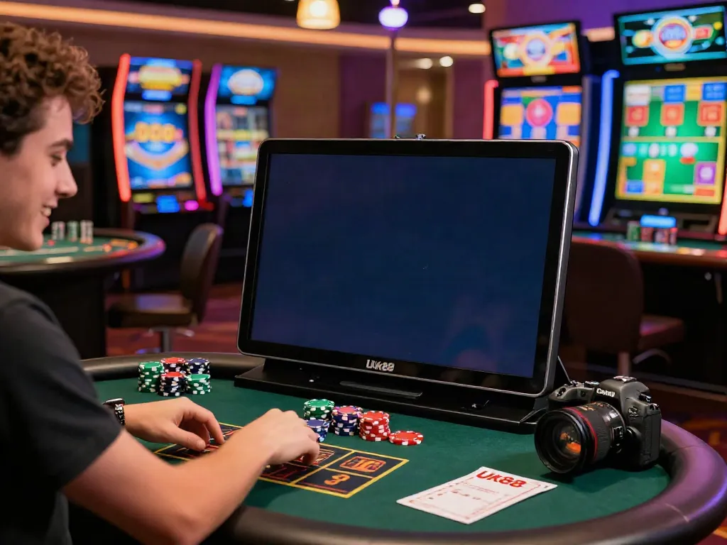 Engaging scene of a player experiencing uk88 online gambling with colorful graphics.