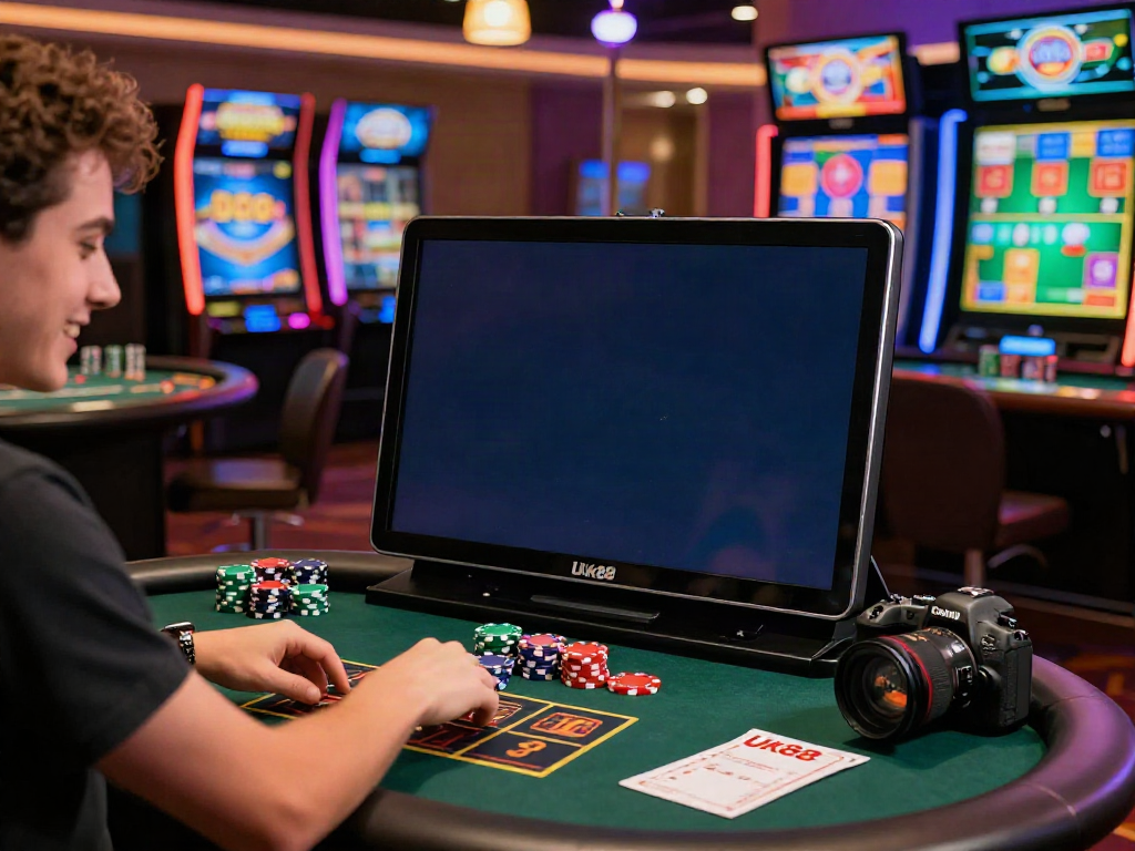Engaging scene of a player experiencing uk88 online gambling with colorful graphics.