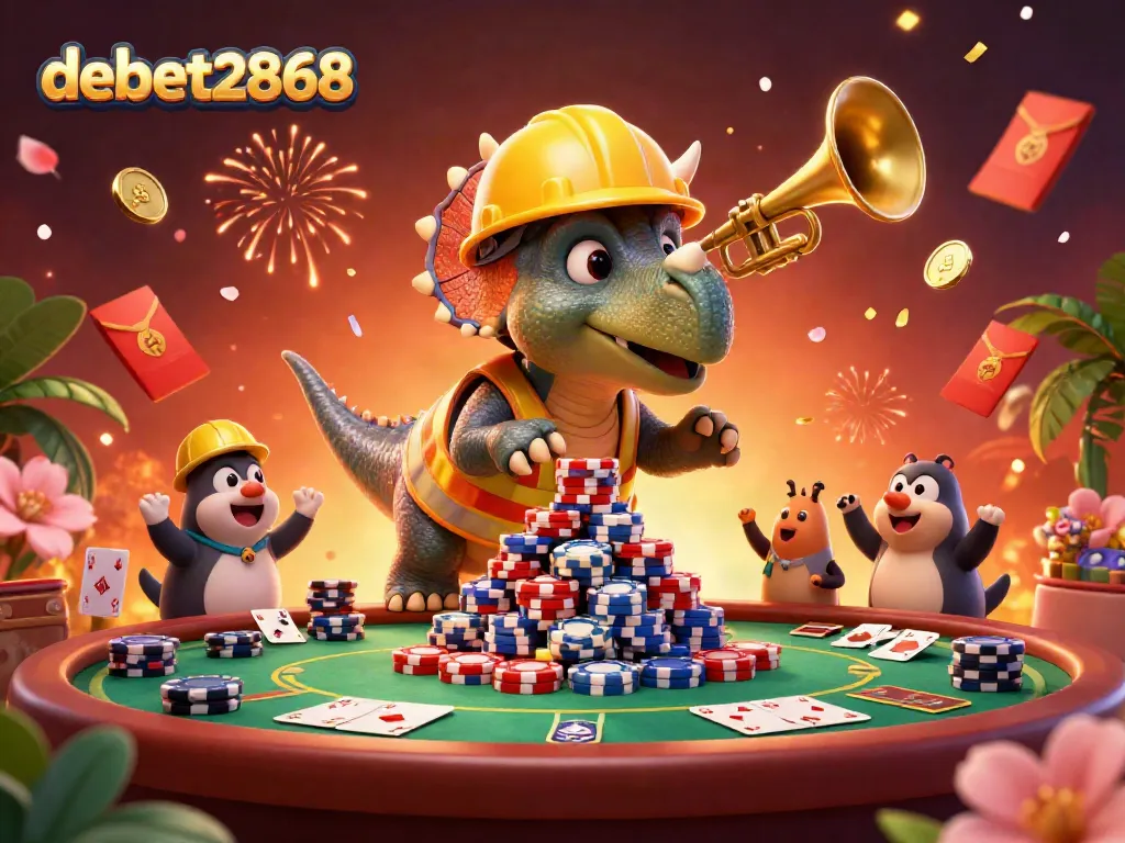 Experience the excitement of debet2868 through a vibrant, chaotic casino scene with animated dinosaurs celebrating victory.