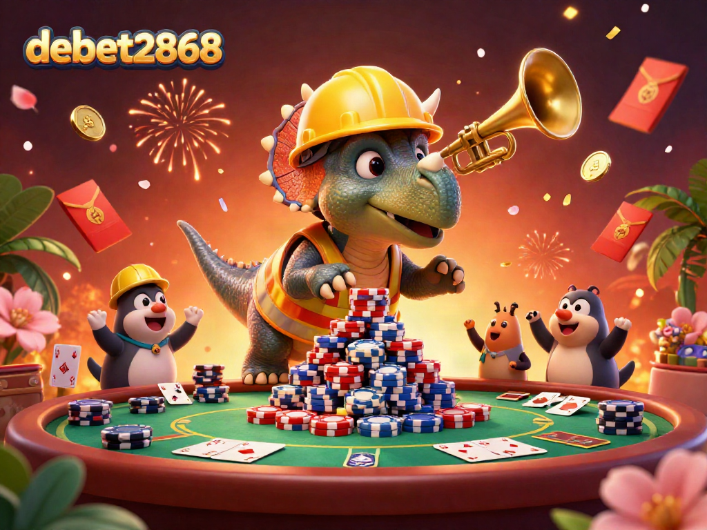 Experience the excitement of debet2868 through a vibrant, chaotic casino scene with animated dinosaurs celebrating victory.