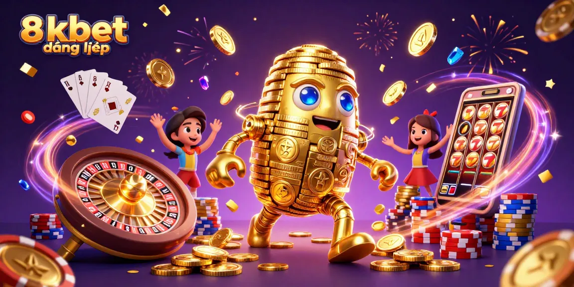 Experience the excitement of 8xbet đăng nhập with a golden golem, flying coins, and a dynamic casino scene.