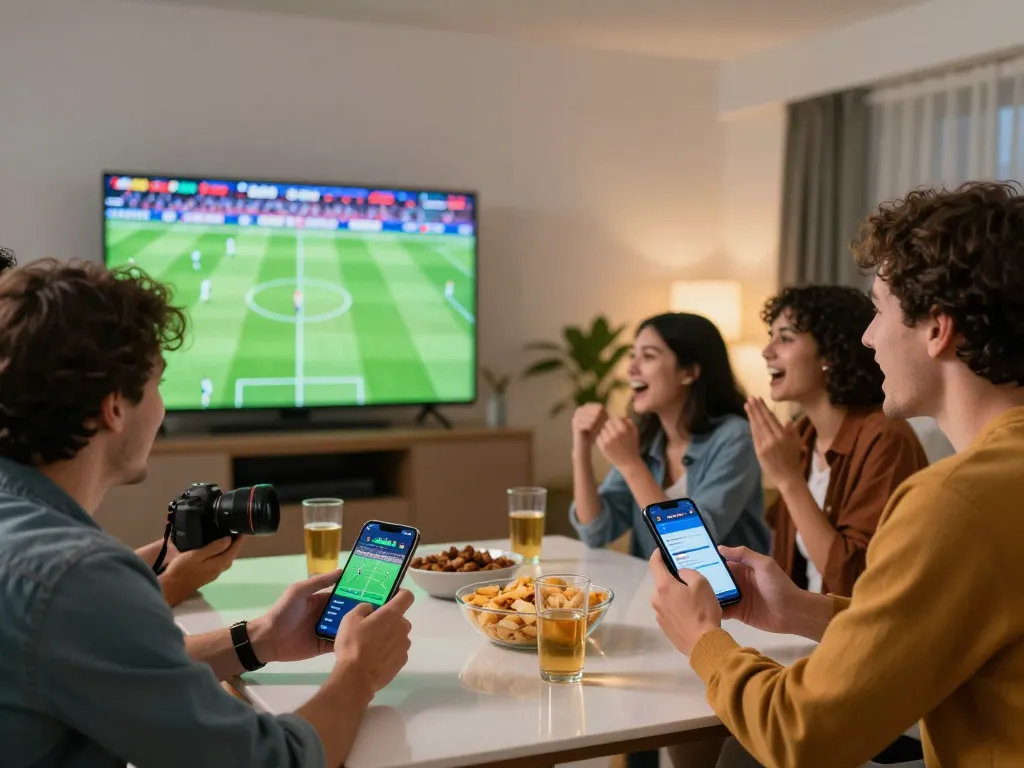 SBOBET88 lively betting group enjoying a football match in a modern home setting.