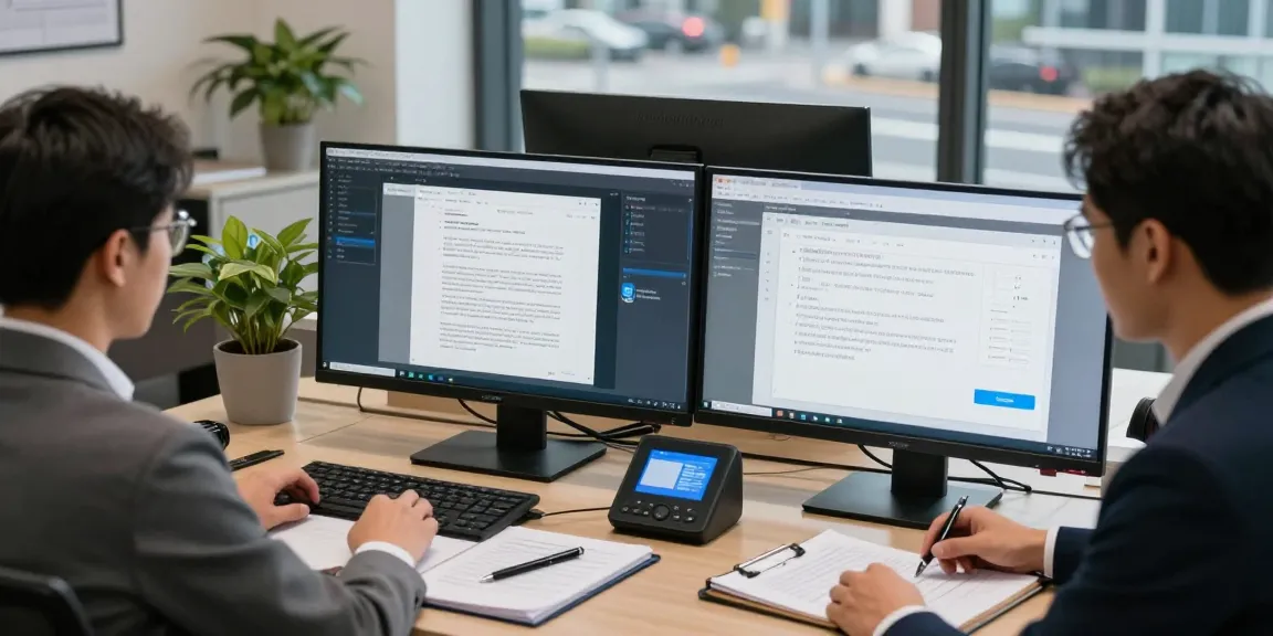 Forensic analyst monitoring document fraud detection technology in a modern workspace.