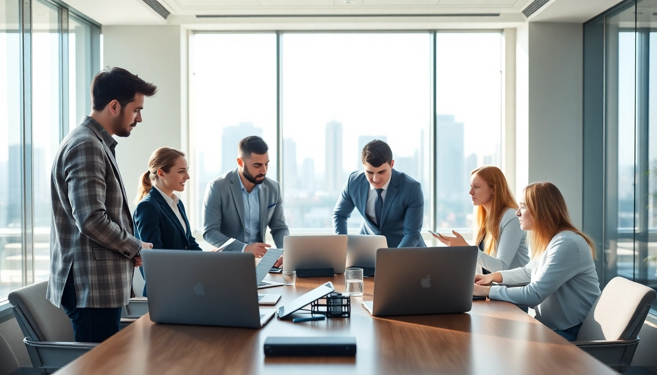 Effiziente IT Consulting-Strategien werden in einem modernen Buero entwickelt, waehrend Fachleute zusammenarbeiten.