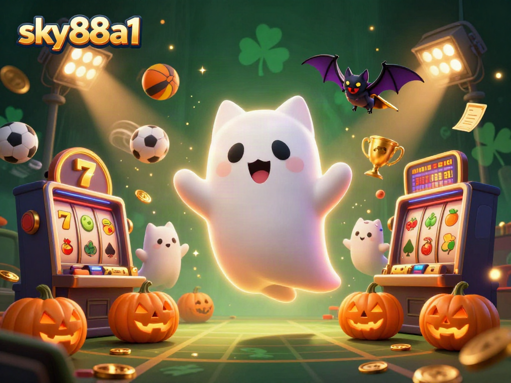 Engage in thrilling gameplay at sky88a1 with a ghost cat in an animated casino scene.