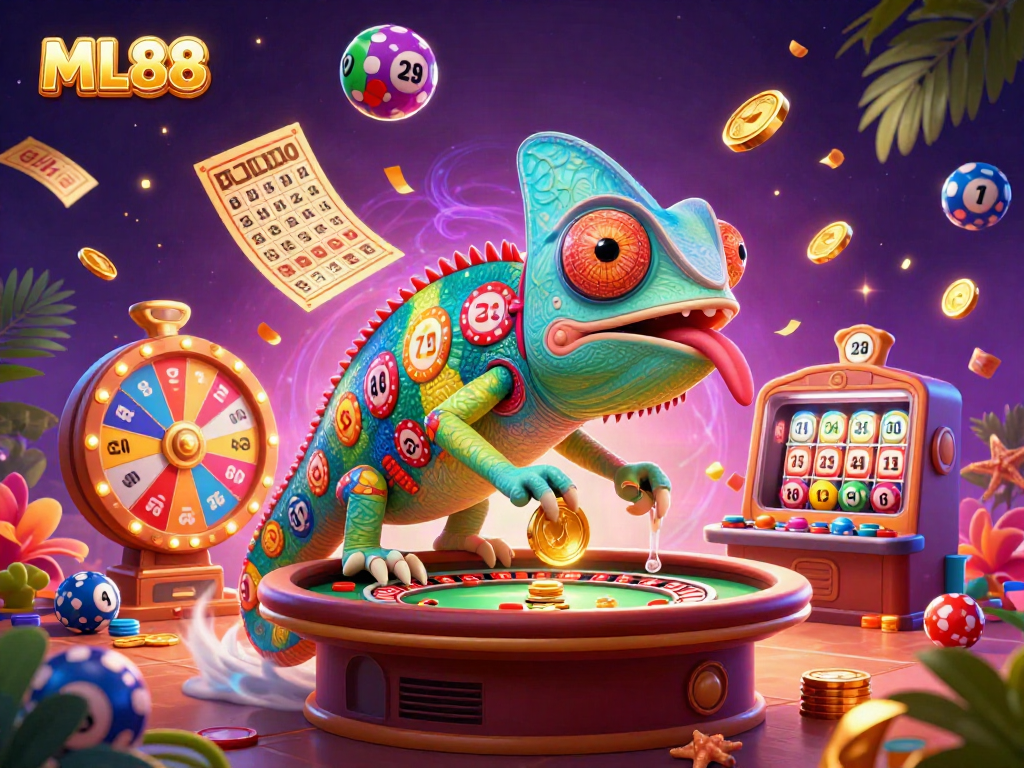 Join the excitement at ML88 as the colorful chameleon casino owner oversees the thrilling gaming action.