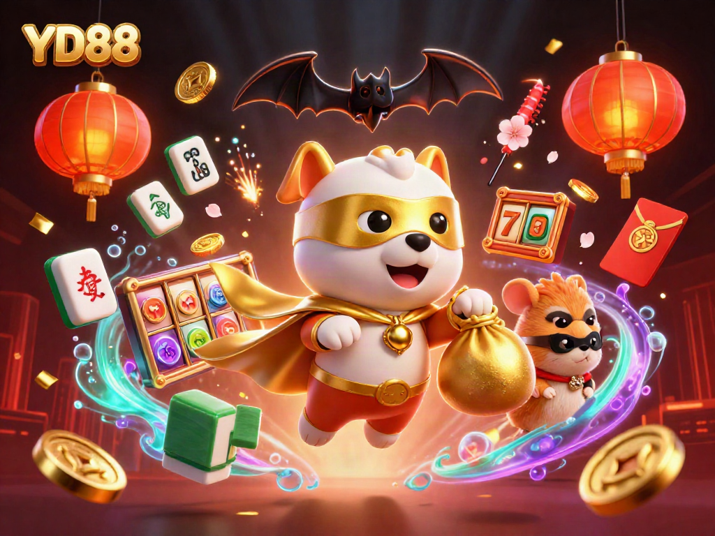 Win big with YD88 at this vibrant online casino illustration featuring a superhero dog.